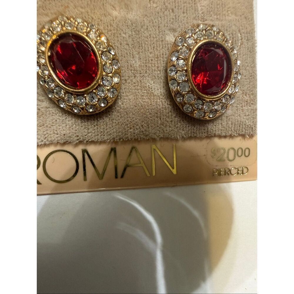 Vintage Roman Women's Gold-Tone Oval Ruby Stone Rhinestone Pierced Earrings NWT